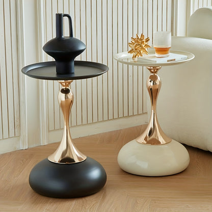 Modern Round Side Table White & Golden - Compact Metal Pedestal Accent Table with Round Top, Minimalist Bedside Table for Small-Space Furniture, Easy Assembly for Bedroom, Living Room, Apartment & Dorm - Sturdy Metal Construction, Space