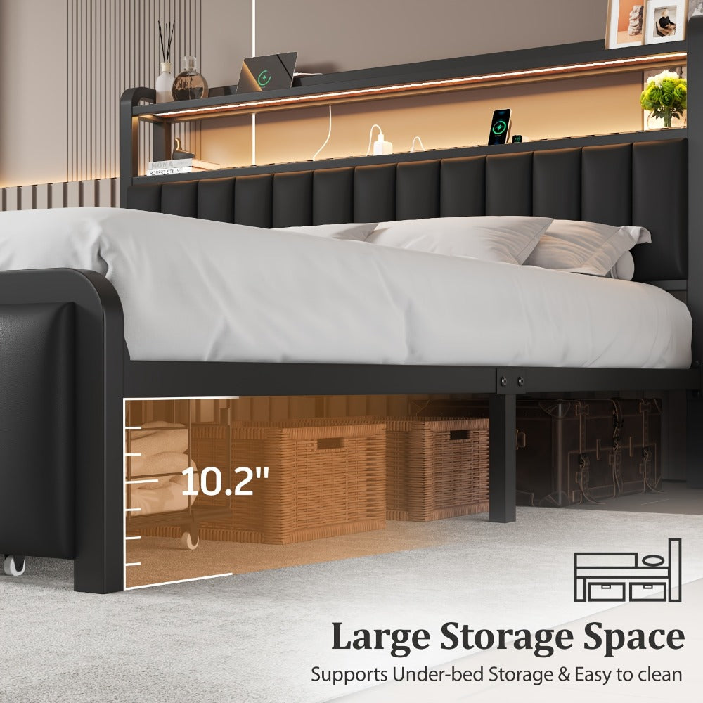 Storage Bed Frame with 2-Tier Headboard & Hidden Drawers – Metal Platform, 12" Under-Bed Space, Full/Queen, Black