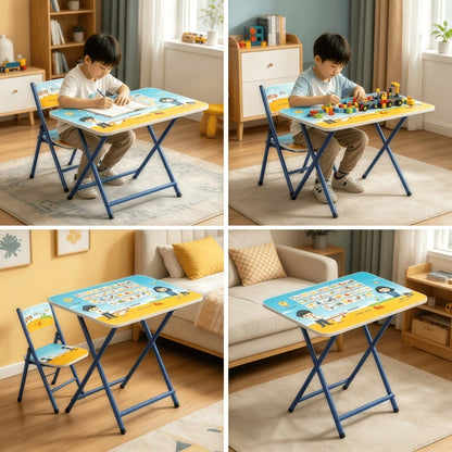 Foldable Kids Table & Chair Set with Cute Pattern, Sturdy Metal Frame Children's Desk for Writing, Drawing & Playtime