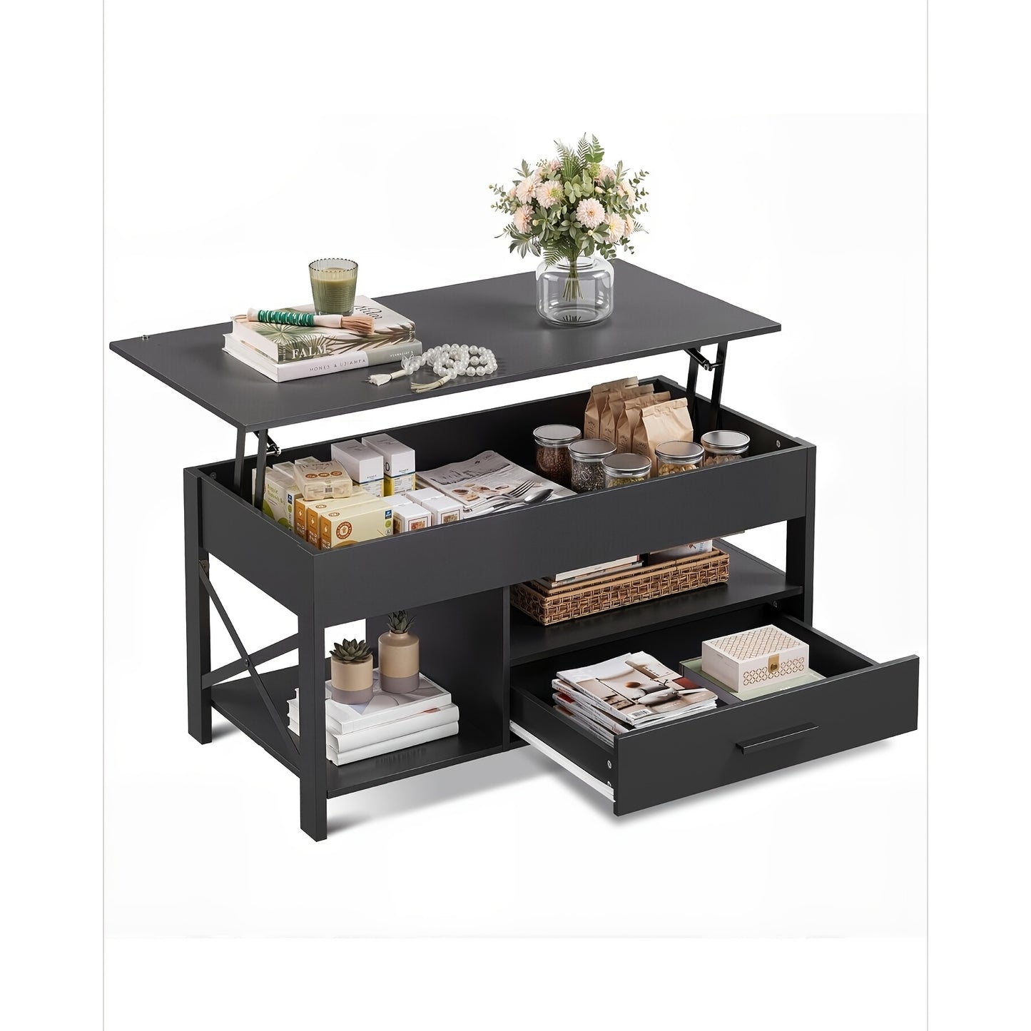 Adjustable Lift Top Coffee Table with Storage Drawers & Hidden Compartment - Modern Lift-Top Mechanism, Lift-Top Table Suitable for Living Room, Reception Room, Assembly Required, Wood/HDF, Space-Saving