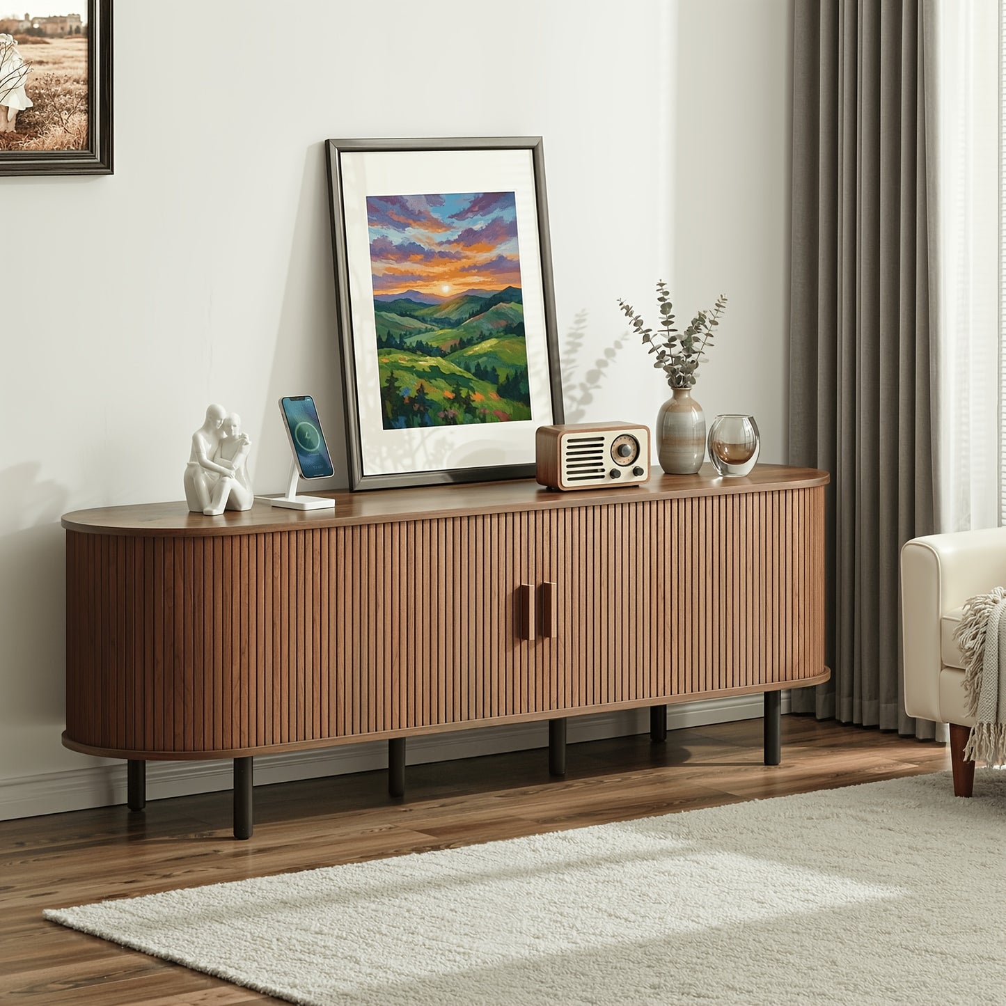PAZCASA 70.8 Inch/55 Inch TV Stand with Power Outlet for Tvs Up to 75 Inch, Entertainment Center with Storage And Adjustable Shelves, Modern Media Console with Sliding Doors for Living Room, Walnut/Black/Oak