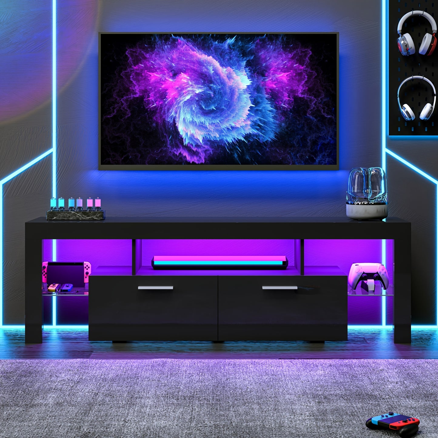 71" High Gloss TV Stand with LED Lights, Modern LED Entertainment Center for 55/65/70/75/80 Inch TV, Media Organizer with 2 Cabinets & Glass Shelves, Wood Media Center Television Console Table for Living Room, Bedroom, Gaming Room, White/Black/Marble