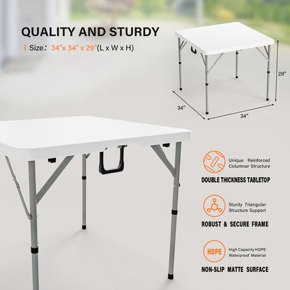 Bonnlo 34 Inch Folding Card Table Square Bi Folding HDPE Tabletop Sturdy Metal Frame Lock Design for Stability Indoor Outdoor Use Black/ White Folding Dining Table Foldable Kitchen Party Wedding Event Commercial Table