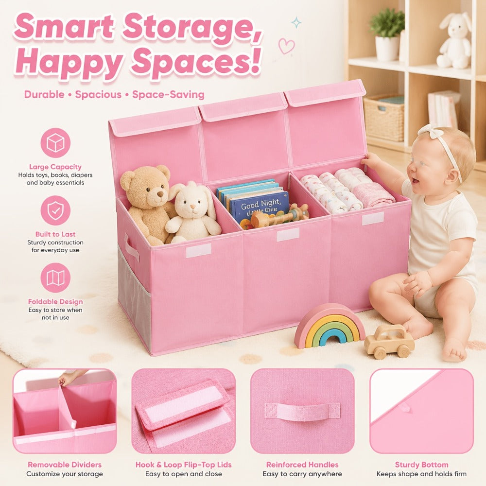 Extra Large Collapsible Storage Bin- Sturdy Organizer with Mesh Pockets, 40"x14"x16"- Pink Foldable Box Storage for Girls Storage Box for Home& Play Spaces