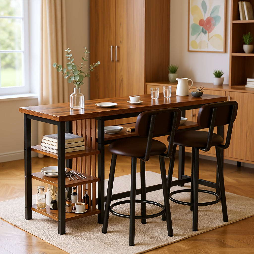 3pcs Dining Room Table Set with Faux Leather Upholstered Bar Stools, Modern Farmhouse Style Dining Table Set with Multiple Tier Storage Shelves, MDF Table Top and Metal Frame, Counter Height Breakfast Nook Table Set for Small Spaces Family