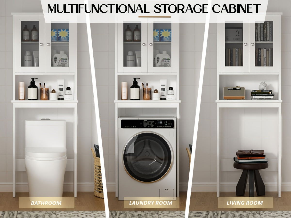 Bathroom Storage Over The Toilet, Bathroom Cabinet Organizer with Adjustable Shelves And Double Glass Doors, Wood Bathroom Space Saver