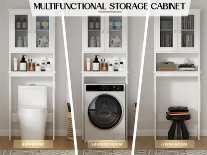 Bathroom Storage Over The Toilet, Bathroom Cabinet Organizer with Adjustable Shelves And Double Glass Doors, Wood Bathroom Space Saver