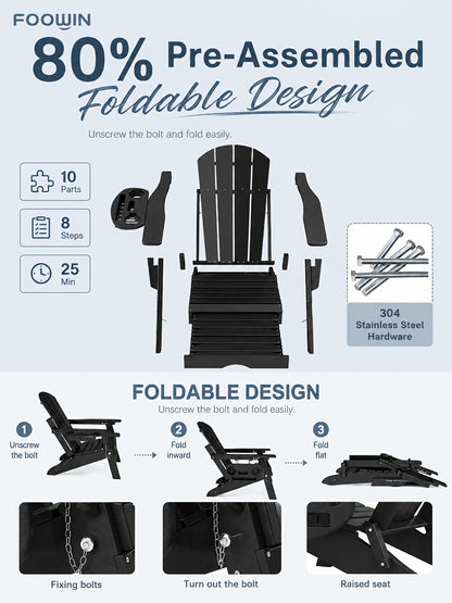 FOOWIN HDPE Adirondack Chair with Ottoman, Adjustable Backrest Adirondack Chair W/4in 1 Cup Holder Trays, All-Weather Resistant Adirondack Chairs for Outdoor, Patio, Lawn, Garden