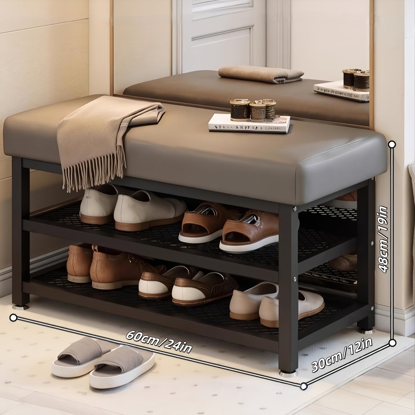 Modern Entrance Passage Shoe Changing Stool, Shoe Rack with Soft Cushion Shoe Storage Organizer, Easy to Install Metal Frame - Ideal Choice for Bedroom Or Foyer. Multi-Compartment Design, Space-Saving Entrance Channel Storage Rack