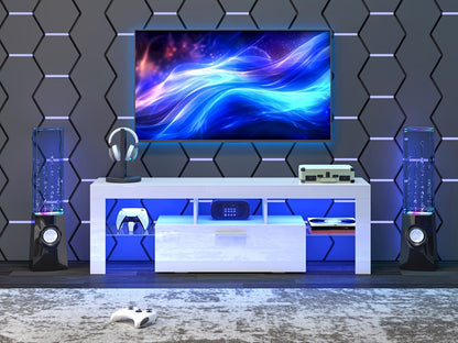 TV Stand with LED Lights & 2 Cabinets for 55 65 75 80 Inch TVs | 71" High Gloss Entertainment Center, Glass Shelves, Wood Media Console | Living Room Bedroom Gaming Room | White, Black or Marble