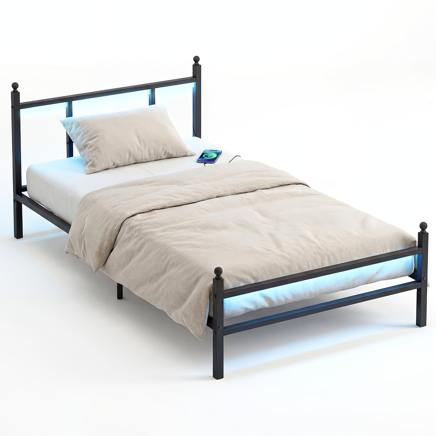 TOMNK Bed Frame Twin Size with LED Lights And Charging Station, Heavy-Duty Metal Design, Easy Assembly, Black/White, Contemporary Style for Modern Bedrooms, Sleek Bed Design | Functional Furniture, for Halloween And Christmas