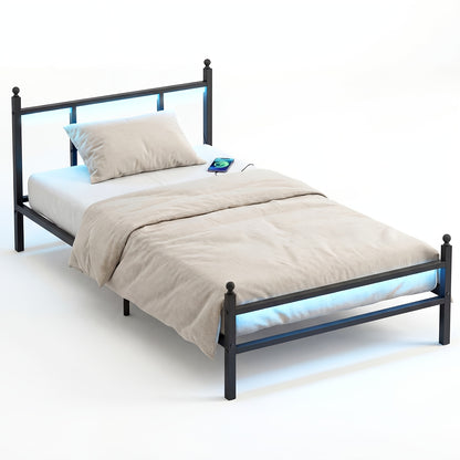TOMNK Bed Frame Twin Size with LED Lights And Charging Station, Heavy-Duty Metal Design, Easy Assembly, Black/White, Contemporary Style for Modern Bedrooms, Sleek Bed Design | Functional Furniture, for Halloween And Christmas