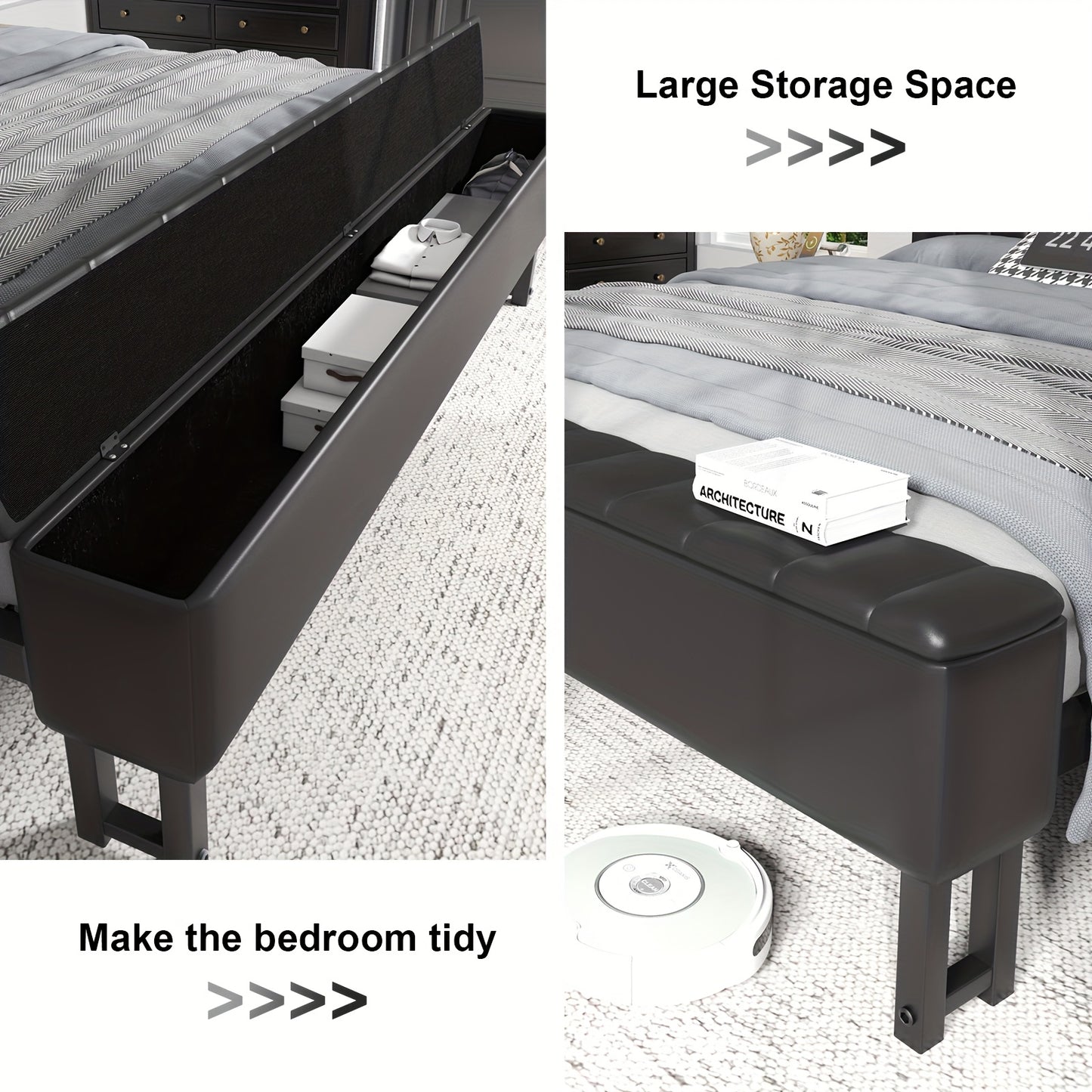 Metal Platform Bed with Storage Ottoman, Upholstered Headboard, Starry Sky Lighting Design, and Reinforced Bed Legs, Easy to Assemble