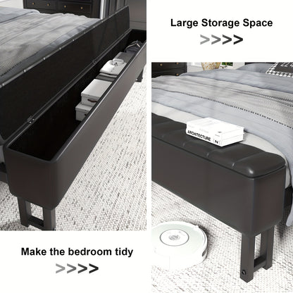 Metal Platform Bed with Storage Ottoman, Upholstered Headboard, Starry Sky Lighting Design, and Reinforced Bed Legs, Easy to Assemble