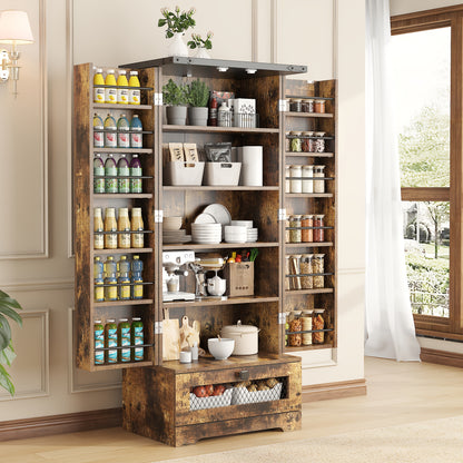 55'' Pantry Cabinet, Kitchen Pantry Storage Cabinet With Adjustable Shelves And Drawer, Wooden Kitchen Storage Cabinet, Buffet Cupboards Cabinet For Kitchen, Living Room, Bathroom, Dining Room