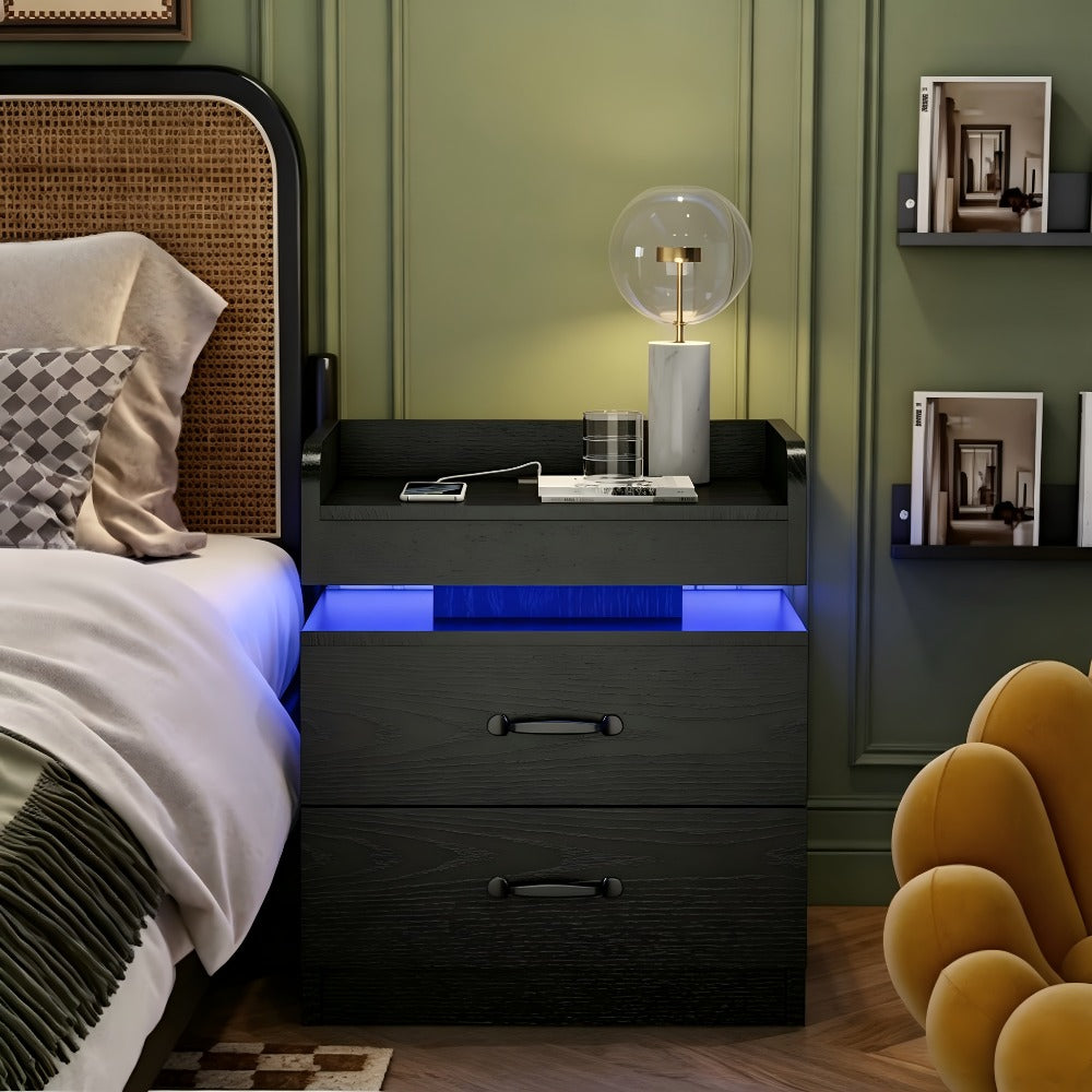 Black Nightstand with Charging Station, Night Stand with LED Lights, Modern LED End Table Nightstand for Bedroom, Bedside Table with 2 Drawers, Bed Side Table with Storage for Living Room
