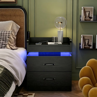 Black Nightstand with Charging Station, Night Stand with LED Lights, Modern LED End Table Nightstand for Bedroom, Bedside Table with 2 Drawers, Bed Side Table with Storage for Living Room