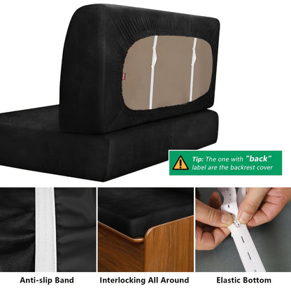 Leather Look RV Dinette Cushion Covers, Stretch Camper Cushion Slipcovers for Travel Trailer Couch RV Booth Seat, Replacement Camper Sofa Chair Protector (1 Backrest Cover And 1 Bench Cover)