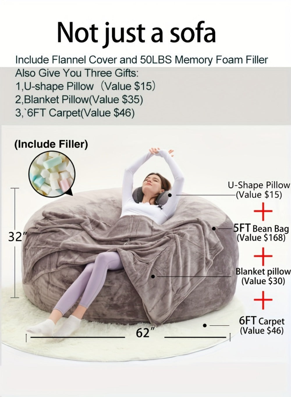 Bean Bag Sofa Chair Set – Includes Bean Bag Chair, U-Shape Pillow, Blanket & 6FT Round Carpet | Large Soft Machine-Washable Beanbag with 50 lb Memory Sponge Fill | Living Room, Bedroom & Gaming Room Relaxation Set