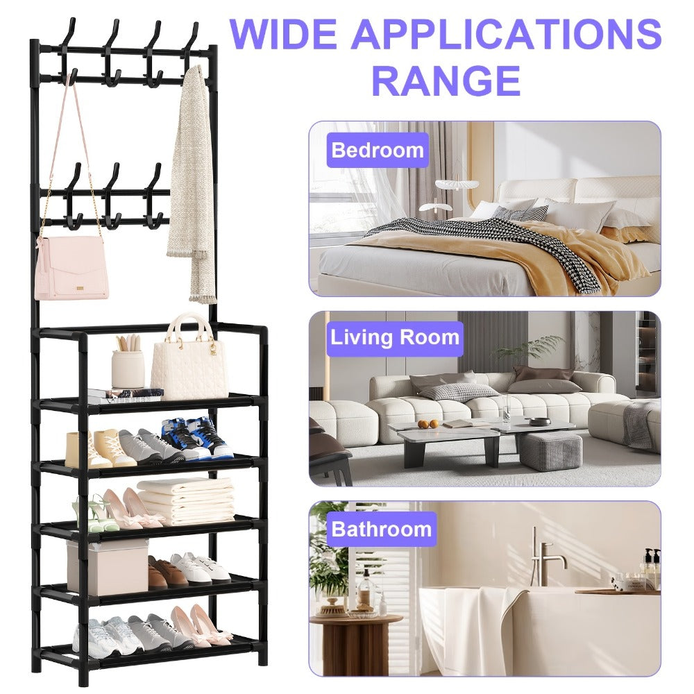 Shoe Rack with 10 Shoe Bags, Entryway Shoe Organizer & Hat Rack for Living Room Bedroom Hallway Dorm, Multi-Layer Freestanding Shoe Storage Shelf