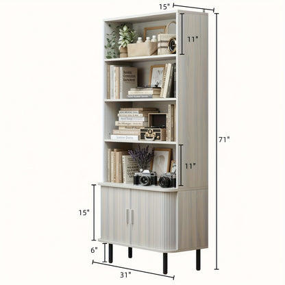 71 Inch Bookcase 4 Shelves Bookcase With Storage Cabinets And Adjustable Storage Shelves With Sliding Doors And Adjustable Feet For Home Office, Living Room Walnut