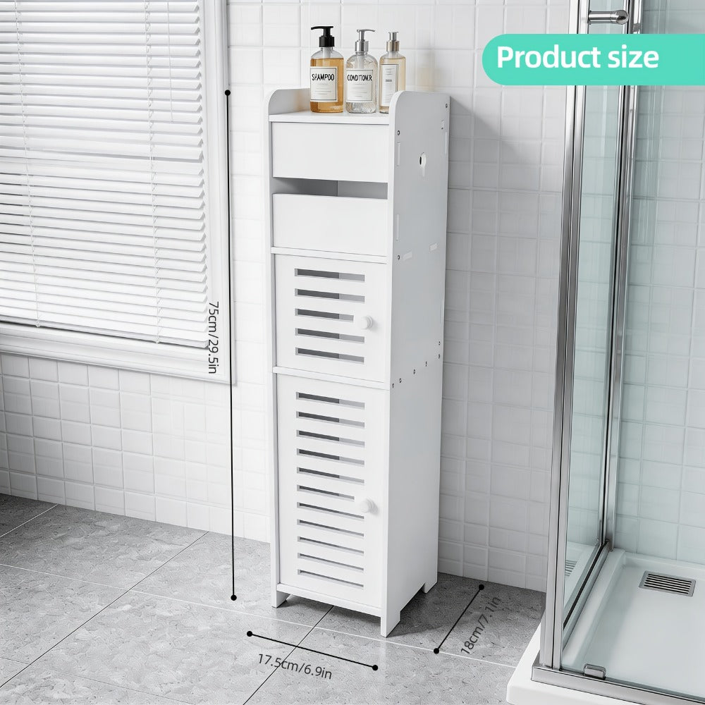 White Freestanding Bathroom Cabinet Multi-Tier Storage Shelf with Door, Moisture & Dust Proof Wood-Plastic Material for Small Spaces, Toilet Paper, Towels & Toiletries