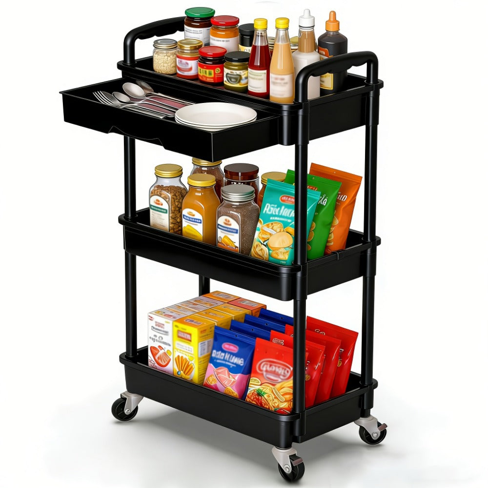 Rolling Storage Cart with Drawers 3 or 4 Tier Plastic Organizer Lockable Wheels Cup Holder Hooks for Kitchen Bathroom Living Room Bedroom Purple Black Blue Green Grey Pink White