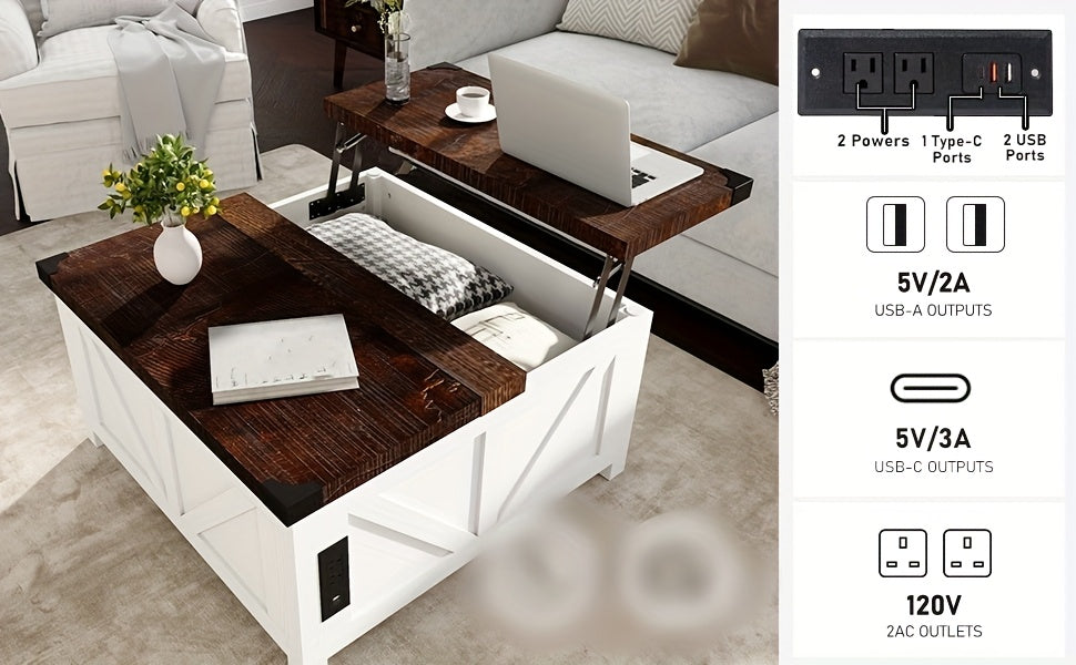 Farmhouse Lift Top Coffee Table with Storage, Wood Square Center Table with Charging Station&USB Ports, Living Room Central Table W/Large Hidden Space, for Living Room, Bedroom, Home Office