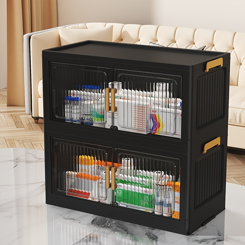 50CM/19.7" Portable Foldable Medicine Cabinet with Lid, 3/4/5/6-Tier Large-Capacity Stackable Black Medicine Box Cabinet with Casters, Multi-Functional Vertical Storage Cabinet, Easy Assembly, for Living Room, Bathroom