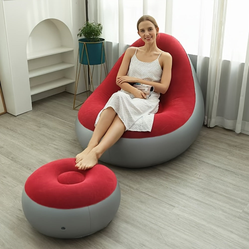 Inflatable Sofa Set with Footstool & Foot Pump Included - Foldable Air Lounge Chair for Indoor Outdoor Camping Patio & Bedroom | Heavy Duty PVC Lazy Couch for Adults | Purple Red Brown
