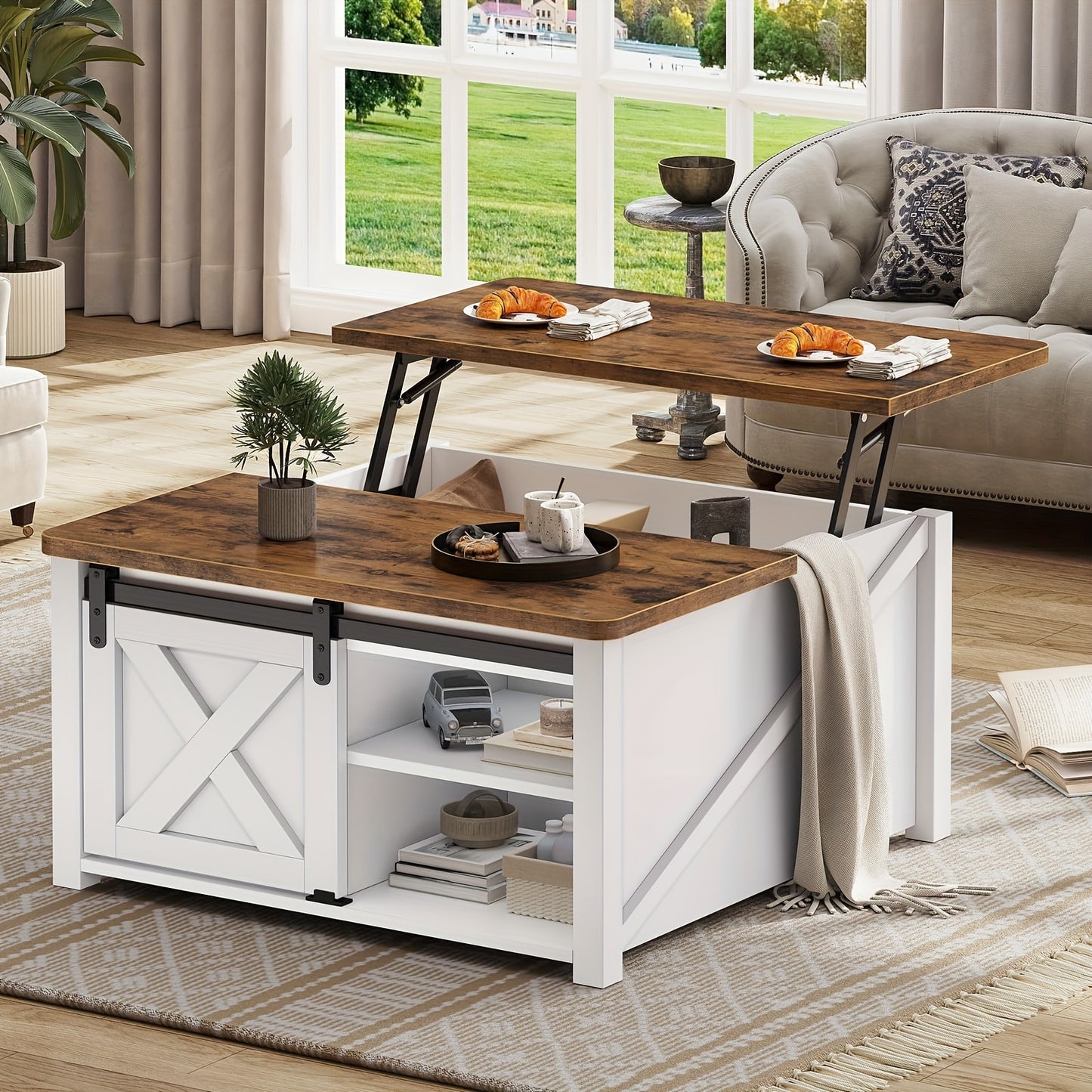 Farmhouse Lift Top Coffee Table with Storage, Square Coffee Table with Large Hidden Storage Compartment And Adjustable Shelves for Living Room, Black/White/Grey/Blue