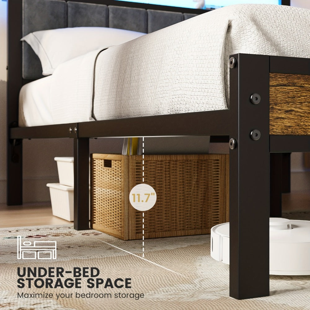 Metal Platform Bed Frame with LED Headboard & Type-C Charging Station – 2-Tier Storage, No Box Spring Needed, Twin Full Queen King
