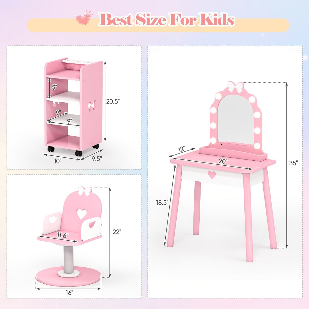 Kids Vanity Set with Light and Barber Chair, Pink Makeup Dressing Vanity Table with Storage Shelf and Hair Salon Play Set 7pcs Accessories, Pretend Play Vanity Set for Toddler Girls