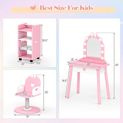 Kids Vanity Set with Light and Barber Chair, Pink Makeup Dressing Vanity Table with Storage Shelf and Hair Salon Play Set 7pcs Accessories, Pretend Play Vanity Set for Toddler Girls