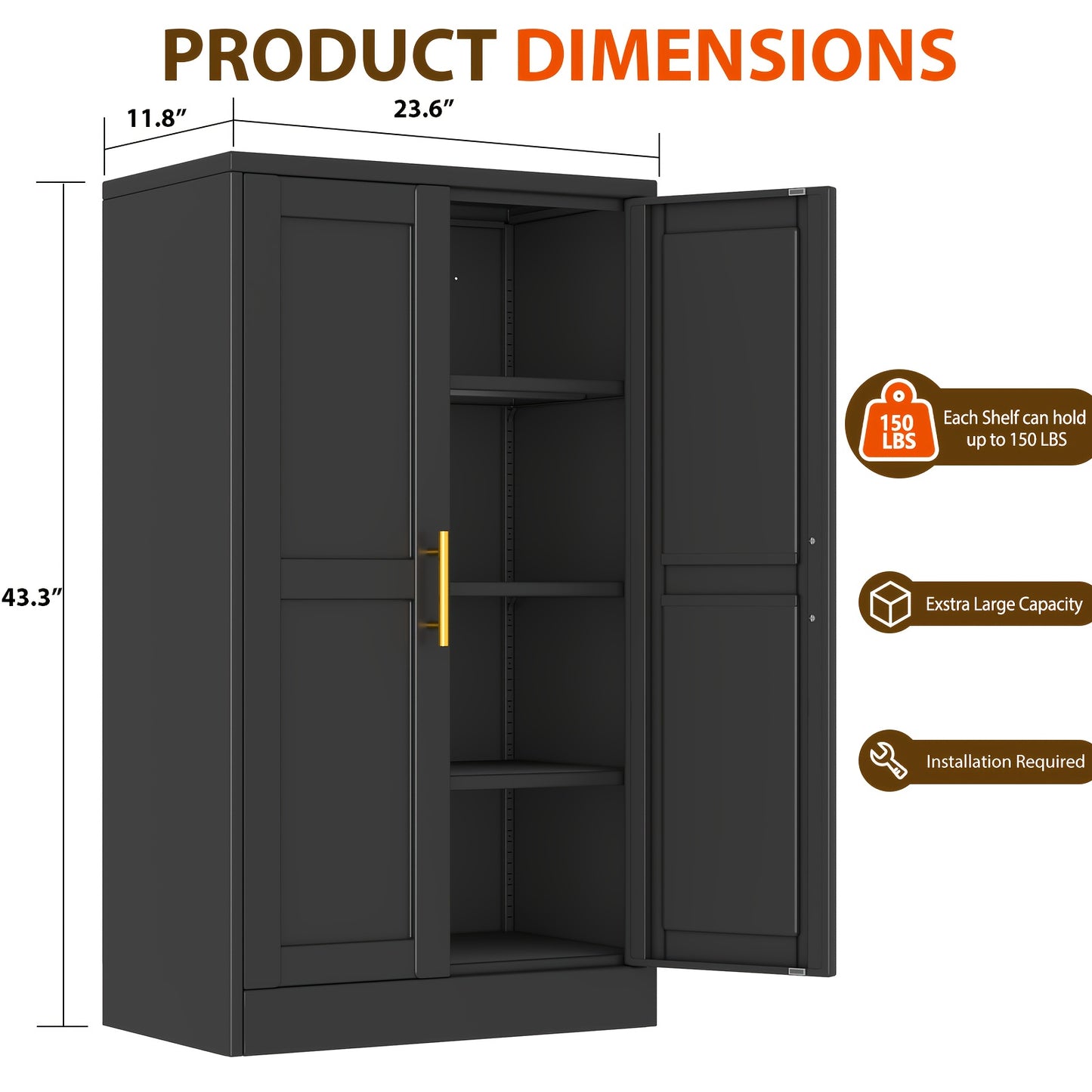 Utility Two Doors Modern Metal Storage Freestanding Cabinet with Adjustable Foot, Kitchen Pantry Sideboard Cabinet with 3 Adjustable Shelves for Kitchen, Laundry Room, Bathroom, Living Room and Dinning Room