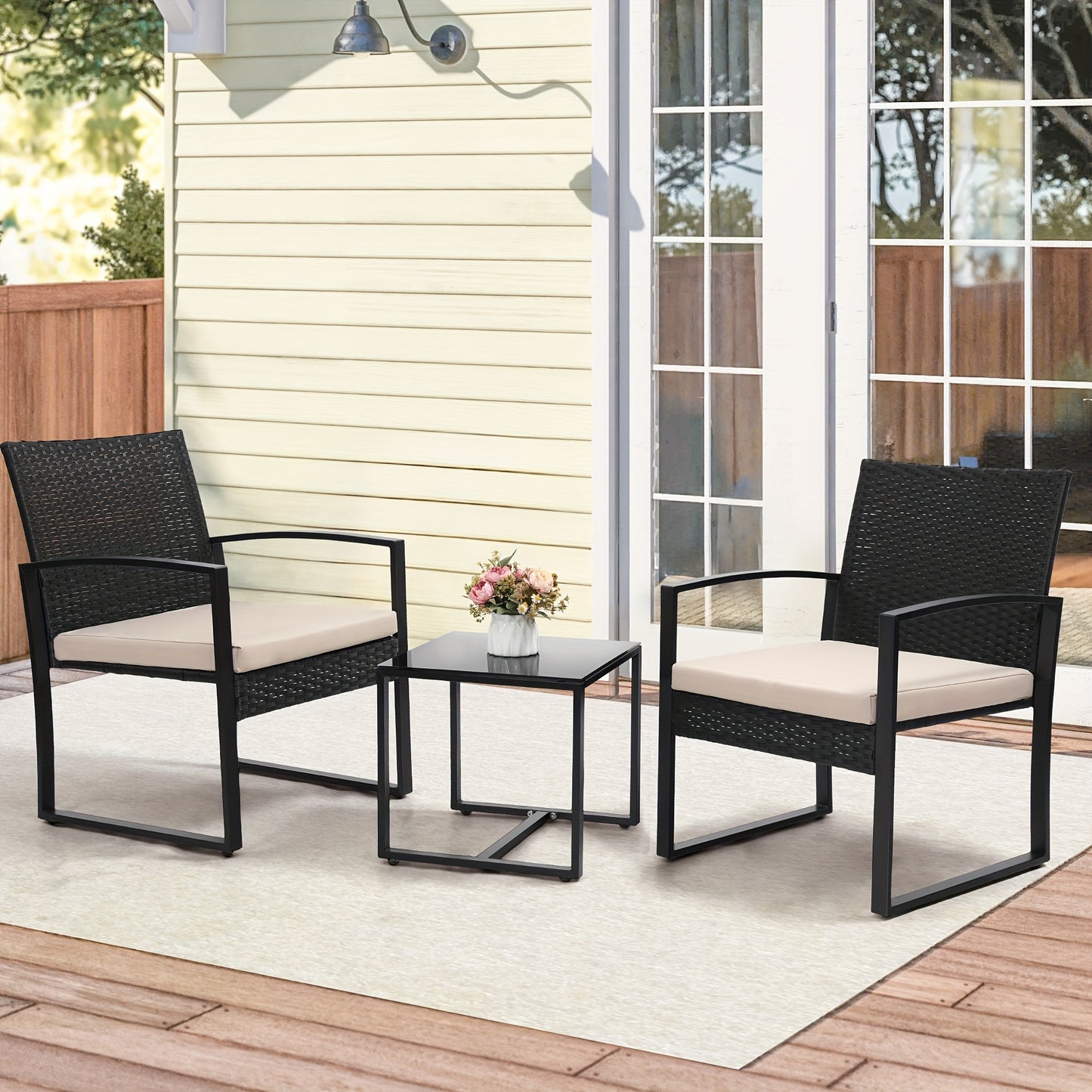 3pcs Outdoor Seating Arrangement Made of Wicker Rattan, Featuring Two Waterproof Chairs with Plush Cushions And a Bistro Table Topped with Safety Glass, on