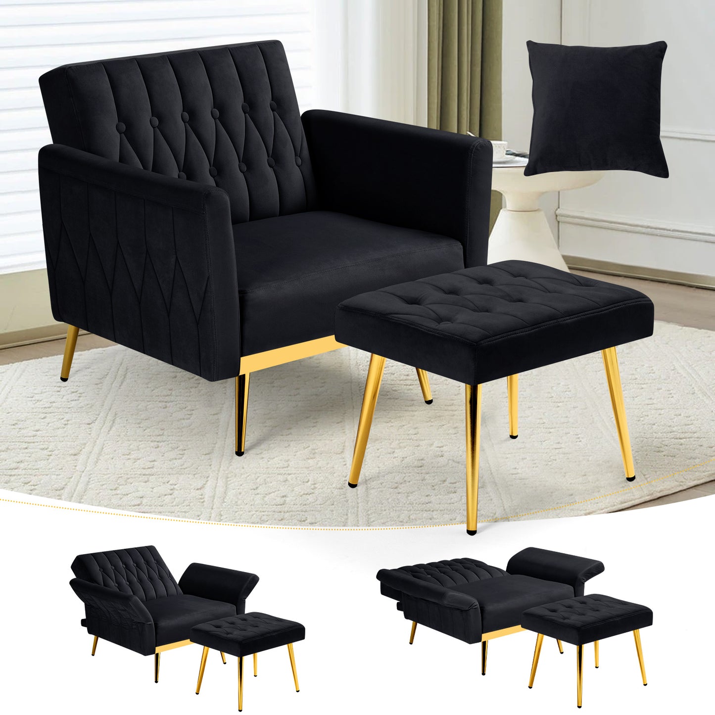 ACMEASE 31.5" Velvet Upholstered Single Chair with Adjustable Armrest And Back, Comfy Armchair with Movable Ottoman, Tufted Accent Chair with Soft Pillow for Living Room