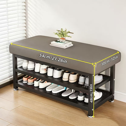 [Soft Cushion Shoe Stool] Modern Shoe Changing Stool with Soft Cushion- Multi Compartment Shoe Storage Organizer, Space Saving Metal Frame Shoe Rack for Bedroom or Foyer, Easy to Install Entrance Passage Storage