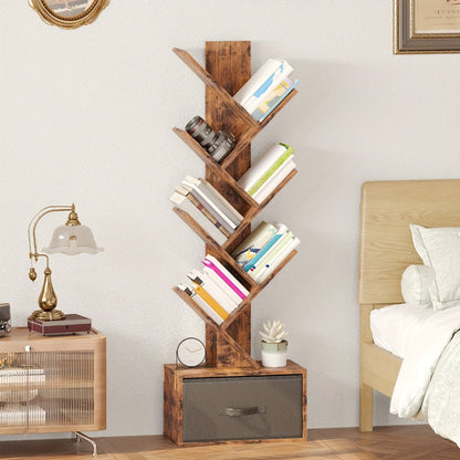 6-Tier Tree Shaped Bookshelf with Drawer – Rustic Brown Wood Book Storage Shelf for Living Room, Bedroom & Home Decor, Freestanding Display Organizer for Books, CDs & Movies