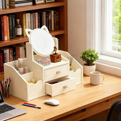 A Stylish White Dressing Table with a Rotating Makeup Mirror, Featuring Drawers And Shelves for Elegant Storage of Cosmetics, Perfect for The Bathroom, Living Room, Or Bedroom, Making It an Ideal Holiday Gift