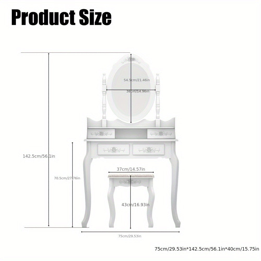 Rotating Mirror Vanity Table with 4 Drawers & Detachable 360° Mirror – Modern Dressing Table with Stool, MDF & Solid Wood, White