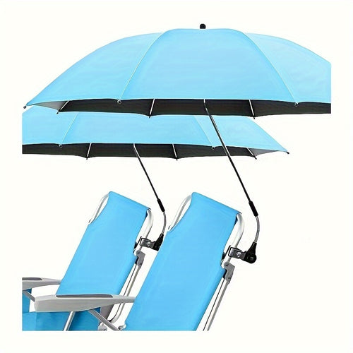 A Portable Outdoor Umbrella with a Clip That Can Rotate 360 Degrees, Featuring an Adjustable Heat-Resistant Rectangular Canopy Made of Tropical Blue Polyester Fabric And an Alloy Steel Frame, Designed for Manual Use with Camping Gear, Beach Chairs
