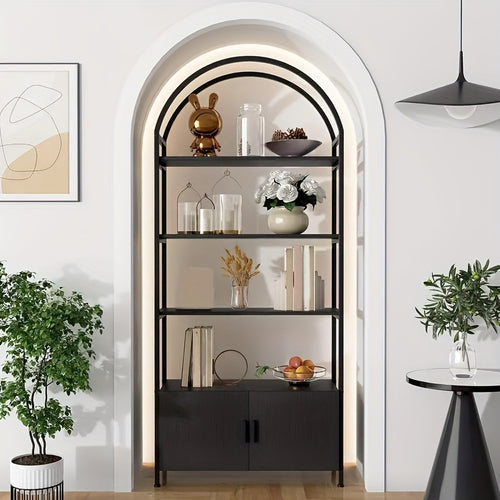 71" Industrial Arched Bookshelf with Doors - Sturdy Metal Frame, Freestanding Display Shelving Unit for Home & Outdoor Leisure