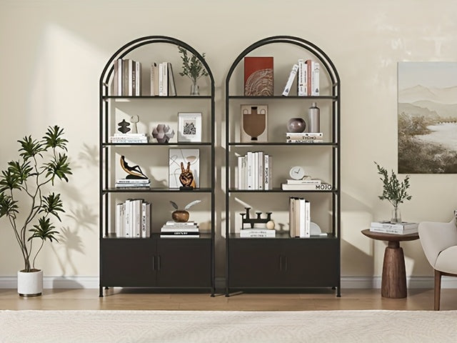 71" Industrial Arched Bookshelf with Doors - Sturdy Metal Frame, Freestanding Display Shelving Unit for Home & Outdoor Leisure