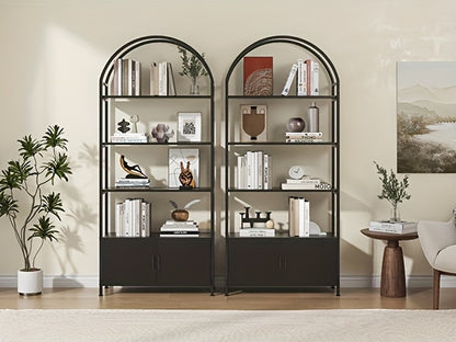 71" Industrial Arched Bookshelf with Doors - Sturdy Metal Frame, Freestanding Display Shelving Unit for Home & Outdoor Leisure