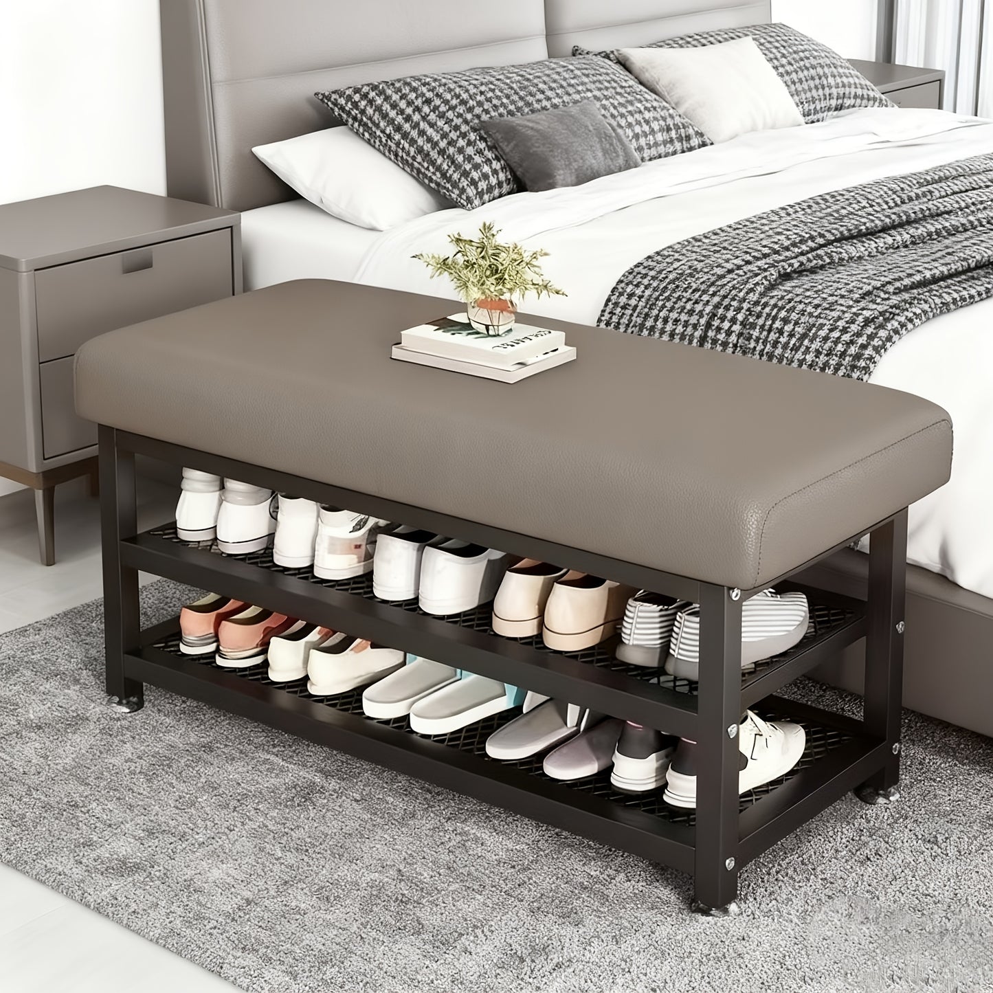 [Soft Cushion Shoe Stool] Modern Shoe Changing Stool with Soft Cushion- Multi Compartment Shoe Storage Organizer, Space Saving Metal Frame Shoe Rack for Bedroom or Foyer, Easy to Install Entrance Passage Storage