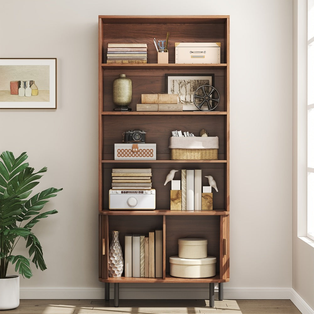 71 Inch Tall Bookcase with Sliding Doors 4 Shelves Storage Cabinet Adjustable Shelves Walnut Mid-Century Modern Home Office Living Room