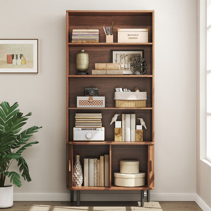 71 Inch Tall Bookcase with Sliding Doors 4 Shelves Storage Cabinet Adjustable Shelves Walnut Mid-Century Modern Home Office Living Room