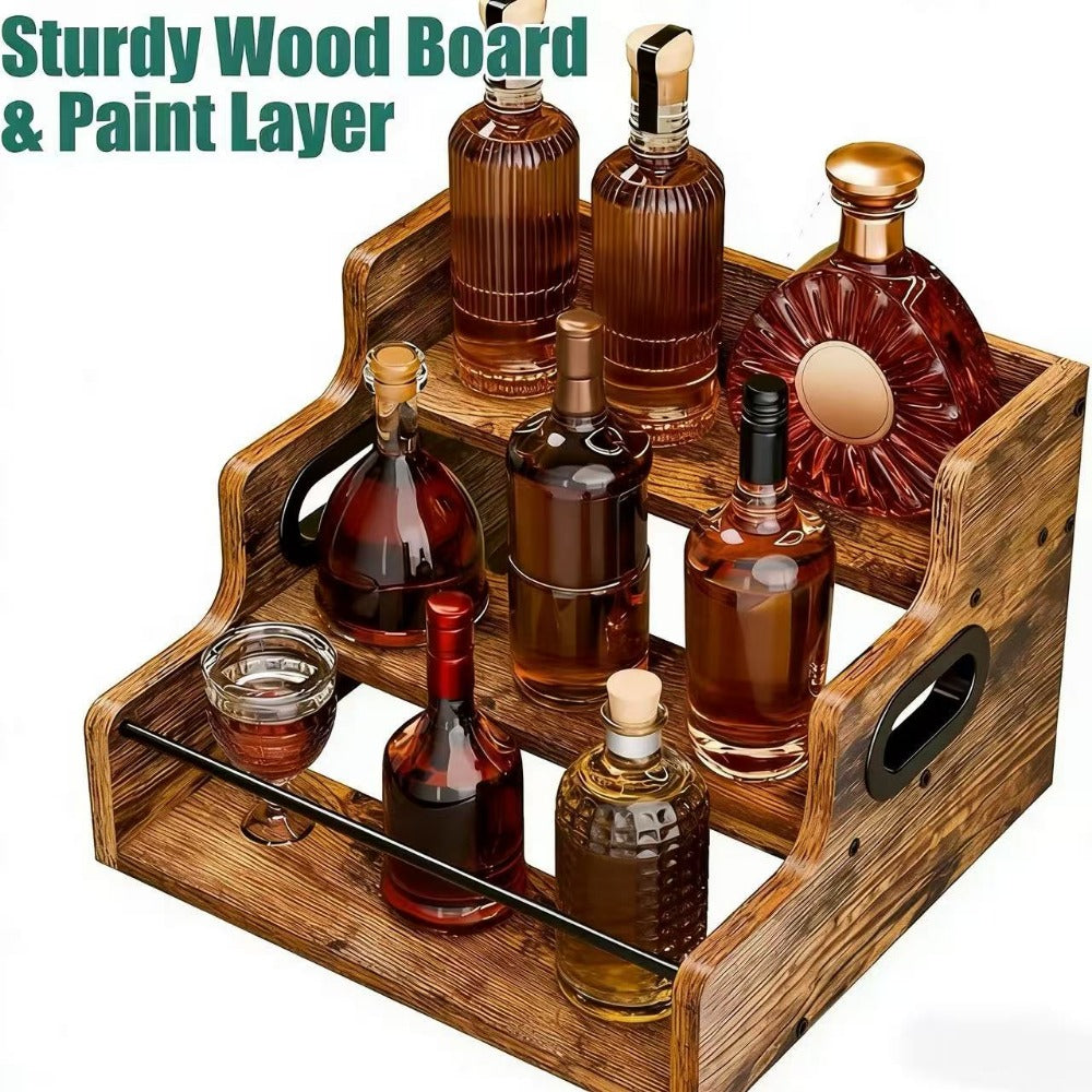 Solid Wood Countertop Liquor Bottle Display Shelf 3 Step Wine Rack Bar Organizer for Home Bar Whiskey Spirits Coffee Syrup Spice Rack