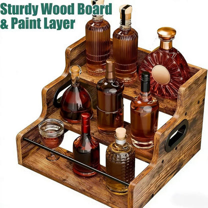 Solid Wood Countertop Liquor Bottle Display Shelf 3 Step Wine Rack Bar Organizer for Home Bar Whiskey Spirits Coffee Syrup Spice Rack
